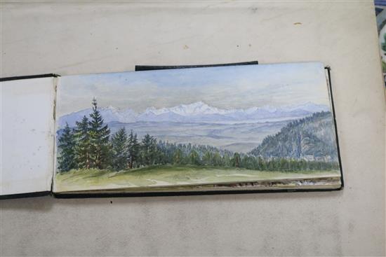 A Victorian album of architectural and other watercolours and a small sketchbook, 4.5 x 9.5in and 10.5 x 14in (approx 70)